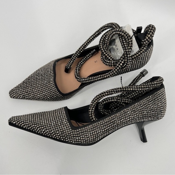 ZARA NEW GEM RHINESTONE BLACK GRAY SILVER POINTED BOW TIE ANKLE KITTEN HEELS 6 - Picture 9 of 11